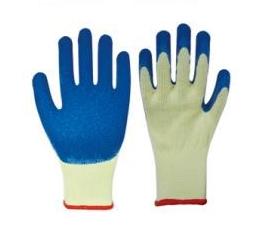 Blue palm-coated and light-colored knit latex gloves