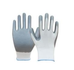 Gray nitrile palm coating on light-colored work gloves
