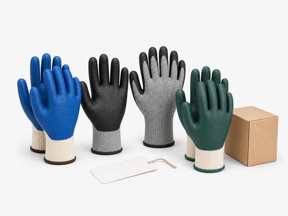 Illustrative concept of coated gloves, a plain carton and an unprinted hang tag